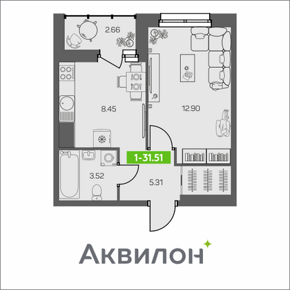 31,5 м², 1-комн. квартира, 8/8 этаж