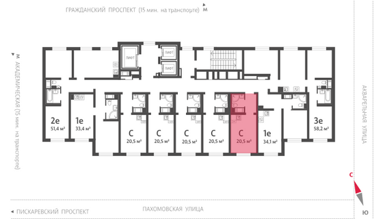 20,5 м², студия, 13/20 этаж