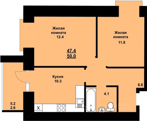 Продажа 2-комнатной квартиры 50 м², 4/10 этаж