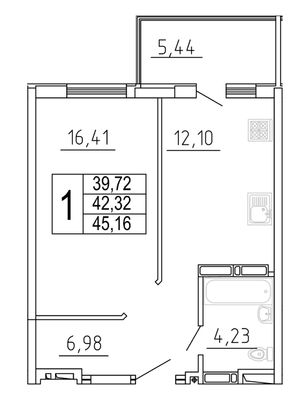 44,8 м², 1-комн. квартира, 2/27 этаж