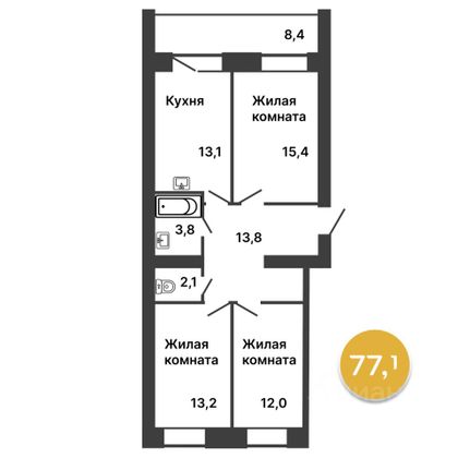 Продажа 3-комнатной квартиры 77,2 м², 2/11 этаж