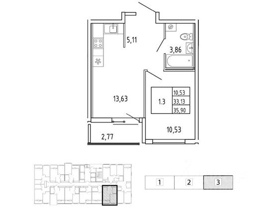 Продажа 1-комнатной квартиры 35,9 м², 19/22 этаж