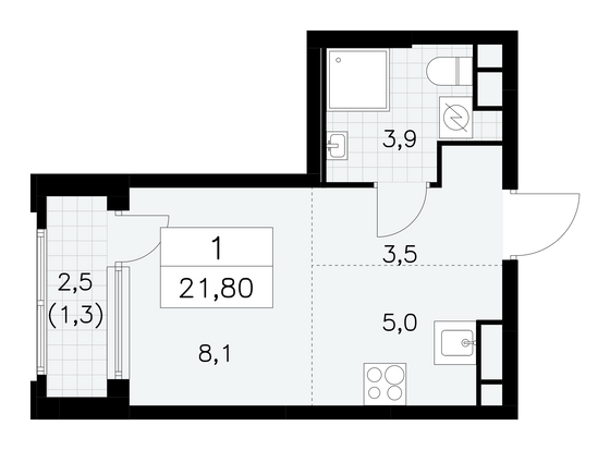 21,8 м², 1-комн. квартира, 14/30 этаж