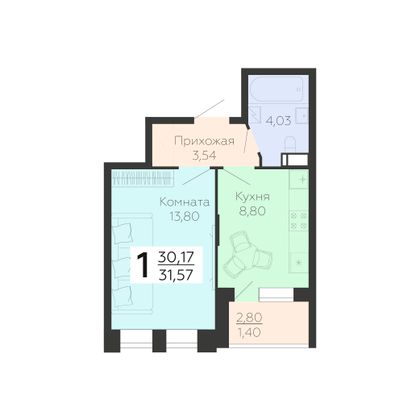 Продажа 1-комнатной квартиры 31,6 м², 20/21 этаж