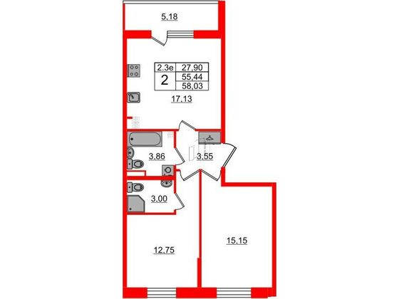 Продажа 2-комнатной квартиры 55,4 м², 4/5 этаж