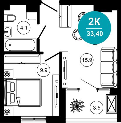 33,4 м², 2-комн. квартира, 7/10 этаж