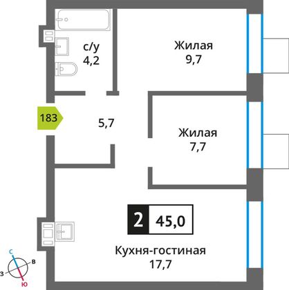 Продажа 2-комнатной квартиры 45 м², 2/9 этаж