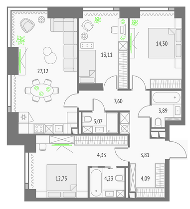 98,3 м², 3-комн. квартира, 35/57 этаж