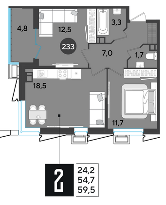 Продажа 2-комнатной квартиры 59,5 м², 3/9 этаж