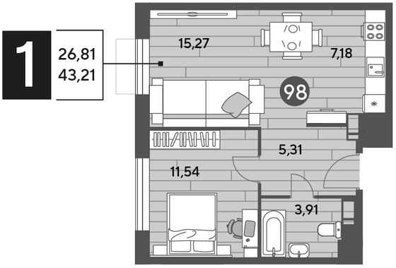 Продажа 1-комнатной квартиры 43,2 м², 4/10 этаж