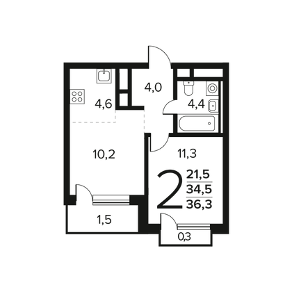 36,3 м², 2-комн. квартира, 5/14 этаж