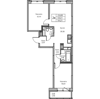 Продажа 2-комнатной квартиры 54,5 м², 6/23 этаж