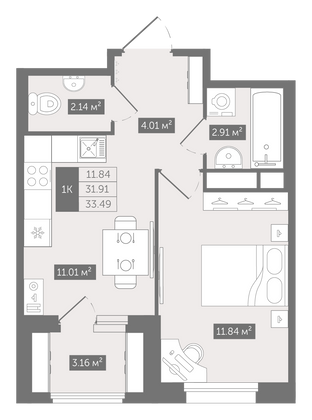 33,5 м², 1-комн. квартира, 1/12 этаж