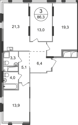 86,3 м², 3-комн. квартира, 18/19 этаж