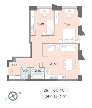 60,4 м², 2-комн. квартира, 3/58 этаж