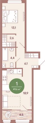 Продажа 1-комнатной квартиры 49,6 м², 5/17 этаж