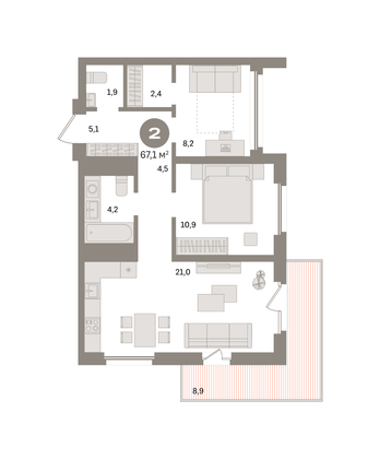 Продажа 2-комнатной квартиры 67,1 м², 6/24 этаж