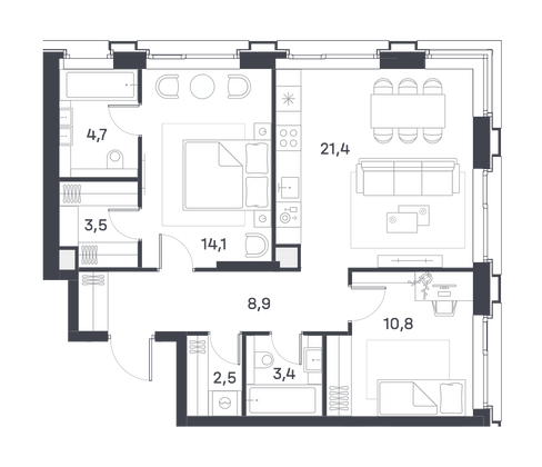 69,3 м², 2-комн. квартира, 3/25 этаж