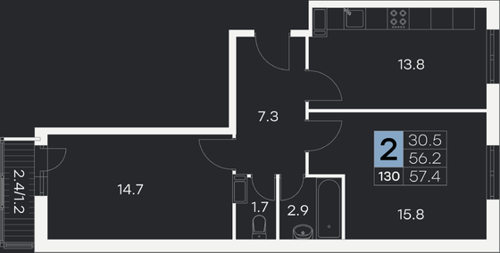 57,4 м², 2-комн. квартира, 7/9 этаж