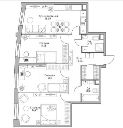 Продажа 3-комнатной квартиры 89,5 м², 30/36 этаж