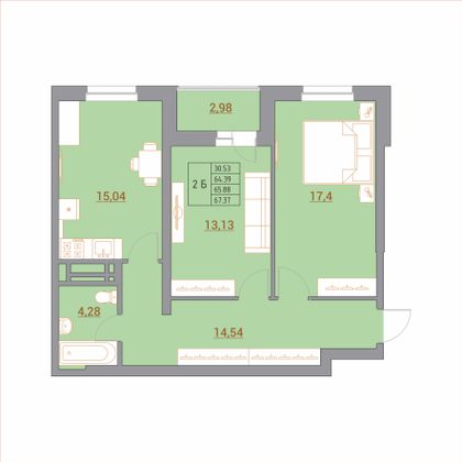 68,5 м², 2-комн. квартира, 21/21 этаж