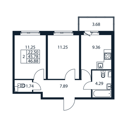 46,9 м², 2-комн. квартира, 1/12 этаж