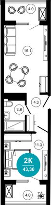 43,3 м², 2-комн. квартира, 6/10 этаж