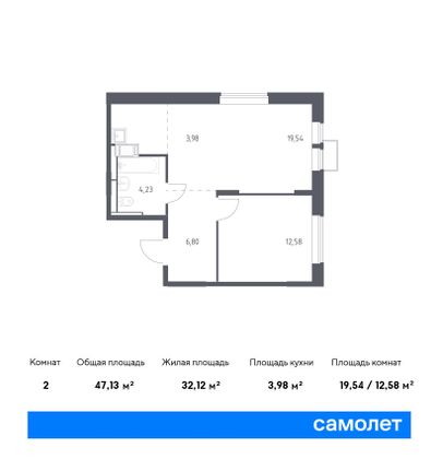 47,1 м², 1-комн. квартира, 23/25 этаж