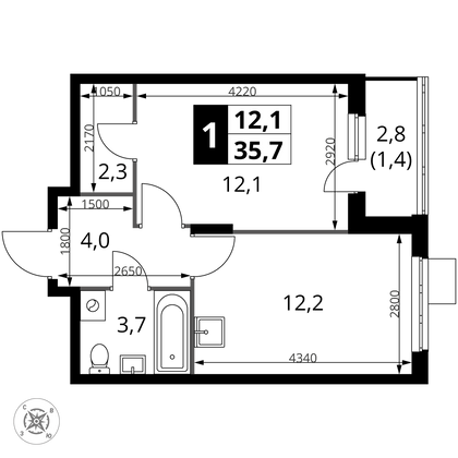 35,7 м², 1-комн. квартира, 14/24 этаж