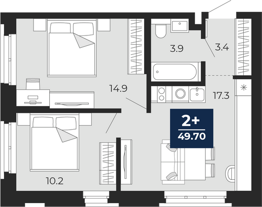 49,7 м², 2-комн. квартира, 1/19 этаж