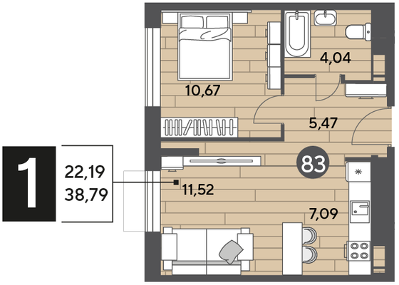 Продажа 1-комнатной квартиры 38,8 м², 3/10 этаж