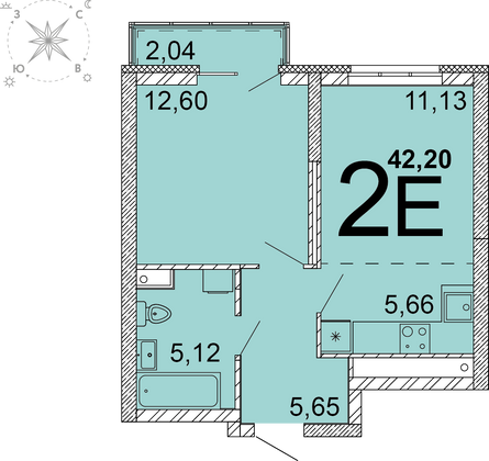 41,1 м², 2-комн. квартира, 28 этаж