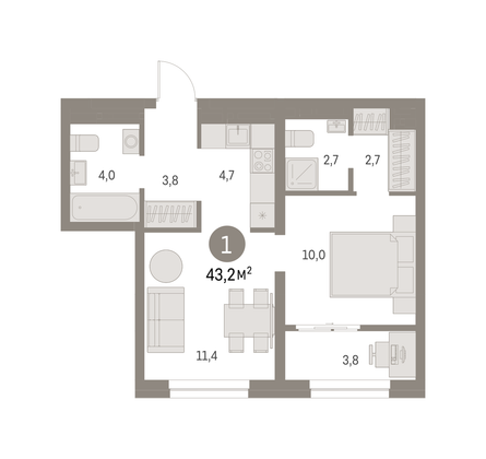 Продажа 1-комнатной квартиры 43,2 м², 6/8 этаж