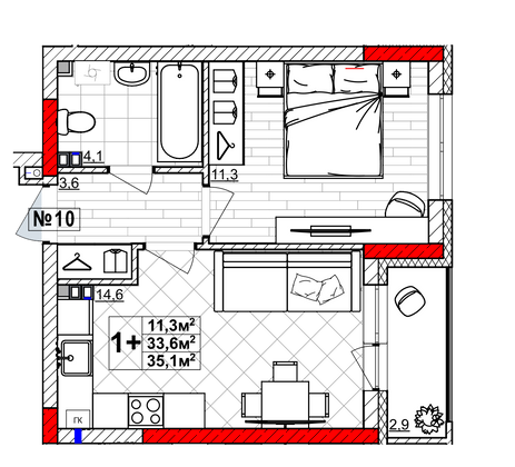 Продажа 1-комнатной квартиры 35,1 м², 2/4 этаж