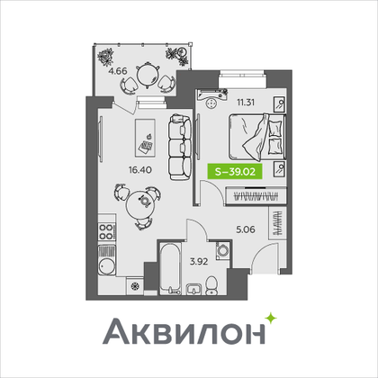 39 м², 1-комн. квартира, 9/9 этаж