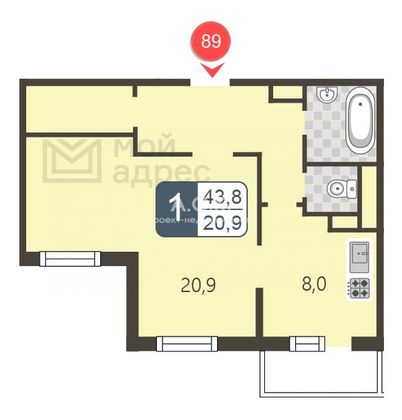 Продажа 1-комнатной квартиры 43,8 м², 9/9 этаж