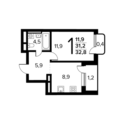 32,8 м², 1-комн. квартира, 5/14 этаж