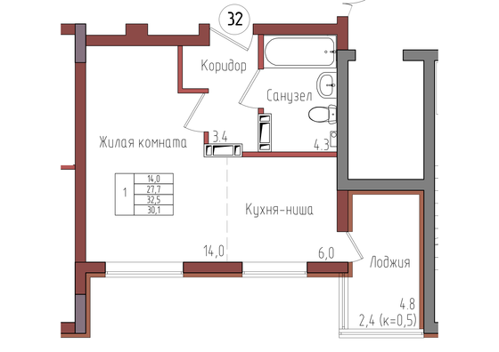 30,1 м², 1-комн. квартира, 5/9 этаж