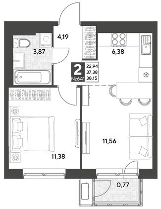 Продажа 2-комнатной квартиры 38,2 м², 7/25 этаж