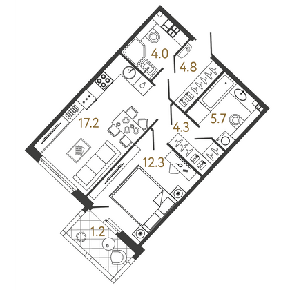 48,3 м², 1-комн. квартира, 4/9 этаж