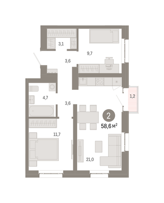 Продажа 2-комнатной квартиры 58,6 м², 12/16 этаж