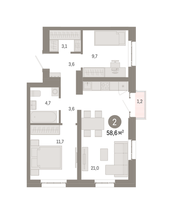 58,6 м², 2-комн. квартира, 12/16 этаж