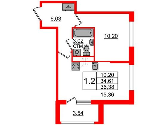 Продажа 1-комнатной квартиры 34,6 м², 2/4 этаж