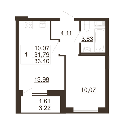 33,4 м², 1-комн. квартира, 8/11 этаж