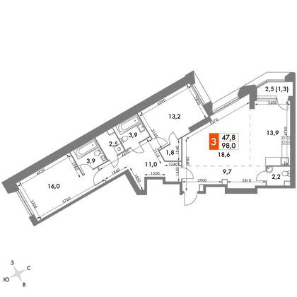 98 м², 3-комн. квартира, 21/47 этаж