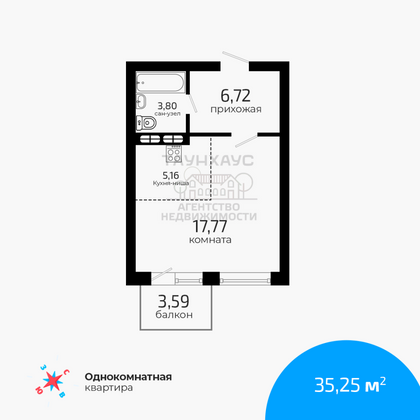 Продажа 1-комнатной квартиры 35,3 м², 5/18 этаж