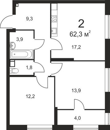 62,3 м², 2-комн. квартира, 2/25 этаж