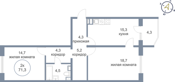 71,3 м², 2-комн. квартира, 2/16 этаж