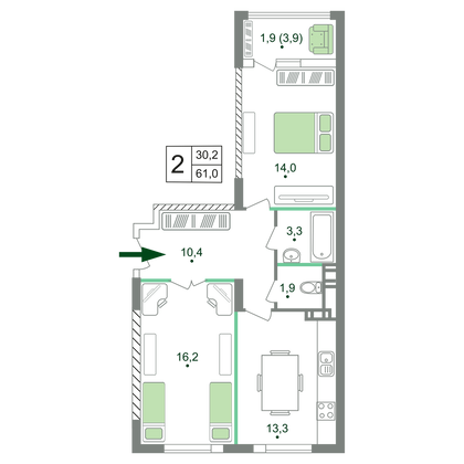 61 м², 2-комн. квартира, 18/19 этаж