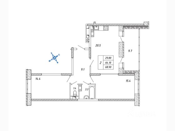 Продажа 2-комнатной квартиры 63,7 м², 16/17 этаж